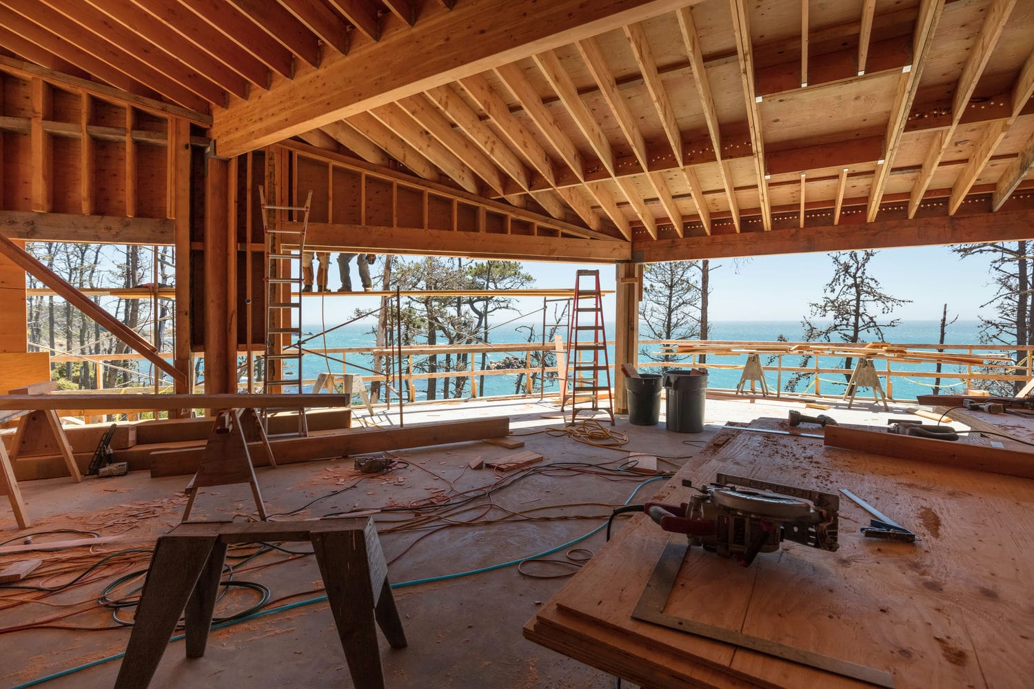 exposed wood beam ceiling framing during residential construction