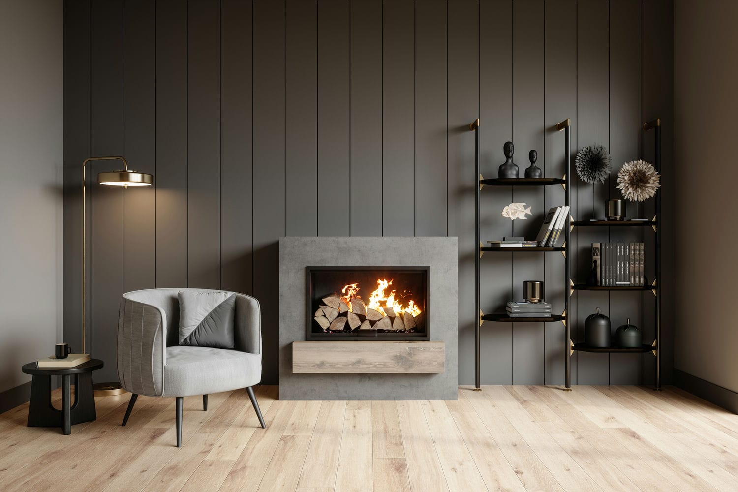 contemporary living room fireplace with custom interior finishing carpentry