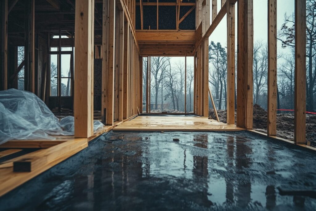 Rain-soaked exposed wood frame with pooled water, illustrating common risks on luxury custom home frames