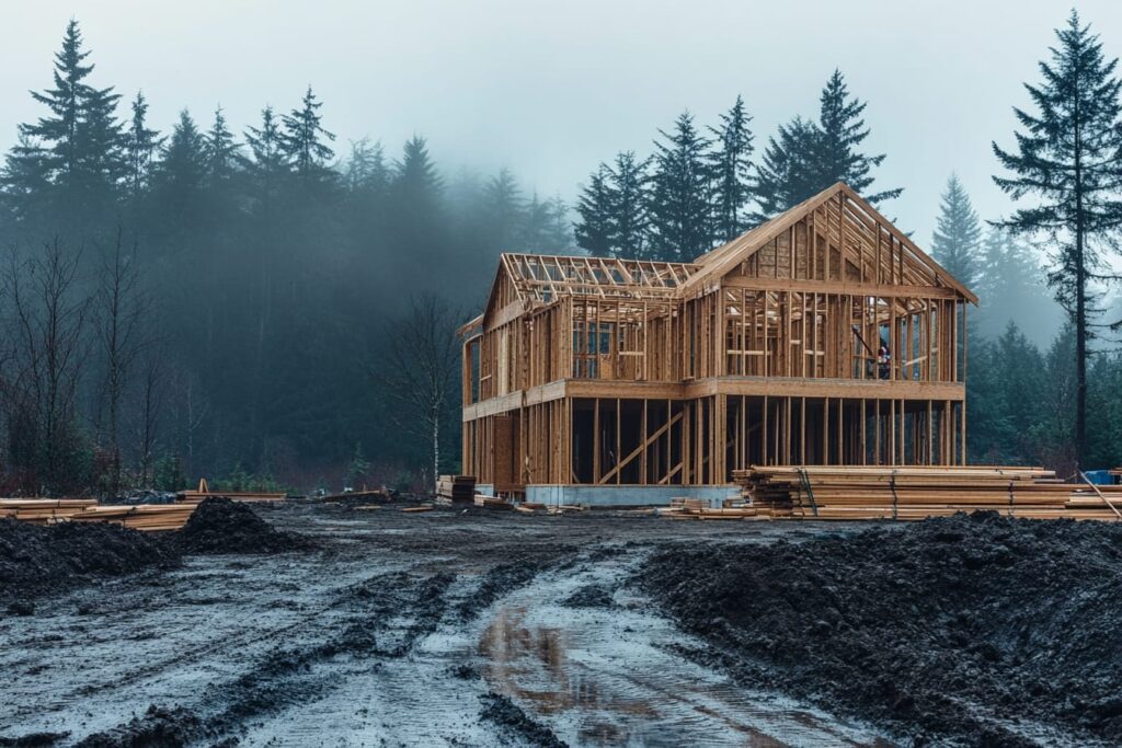 Wood-framed home exposed to wet overcast weather, showing why the Lower Mainland changes the framing conversation