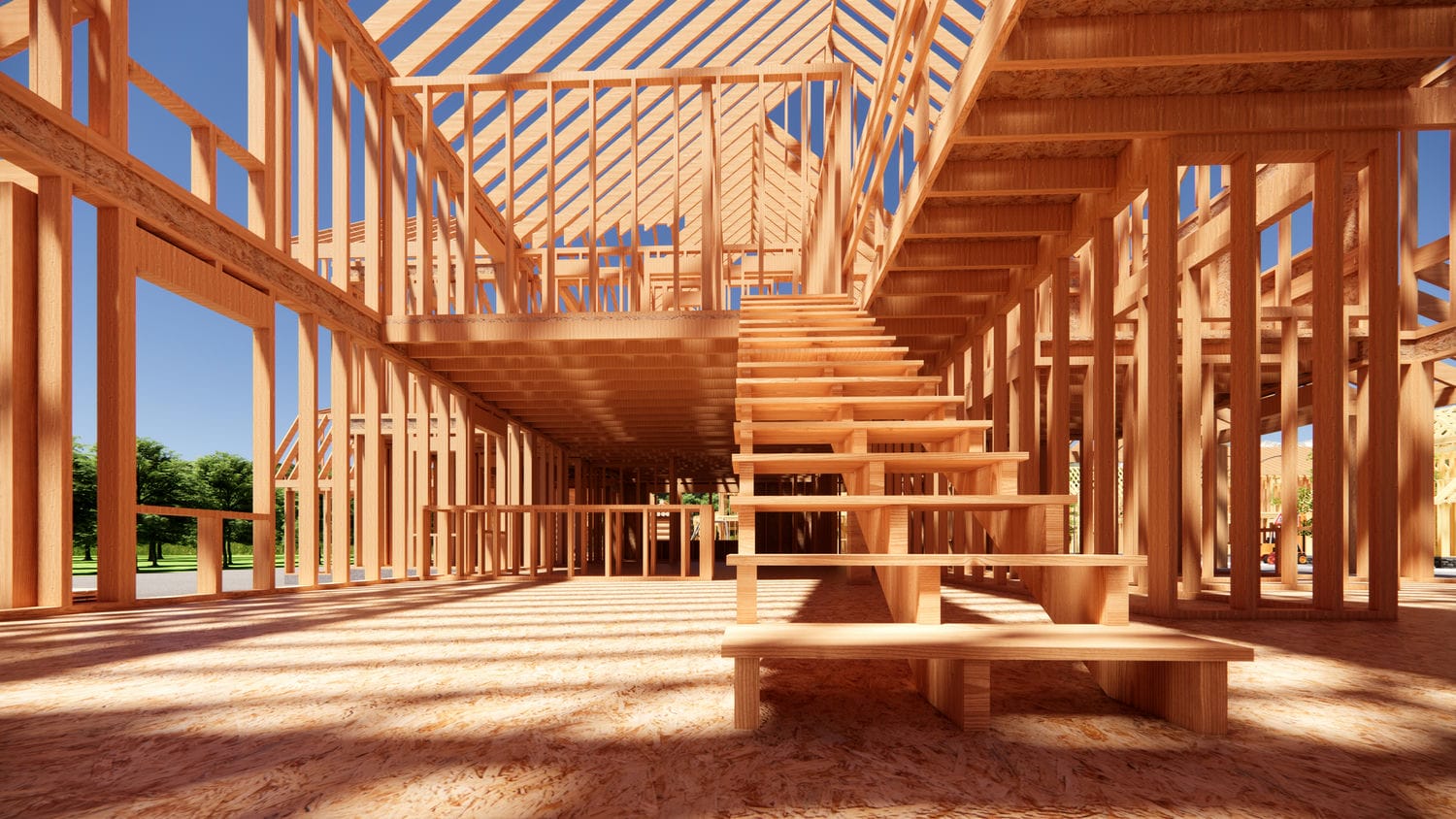 Luxury custom home at the wood framing stage on a Lower Mainland lot with large openings and complex geometry