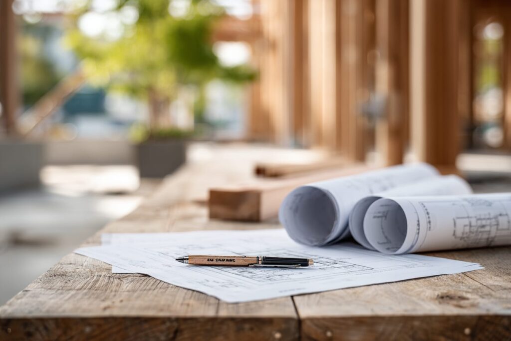 Framing drawings and scope documents on a jobsite table, for questions to ask before awarding the framing scope