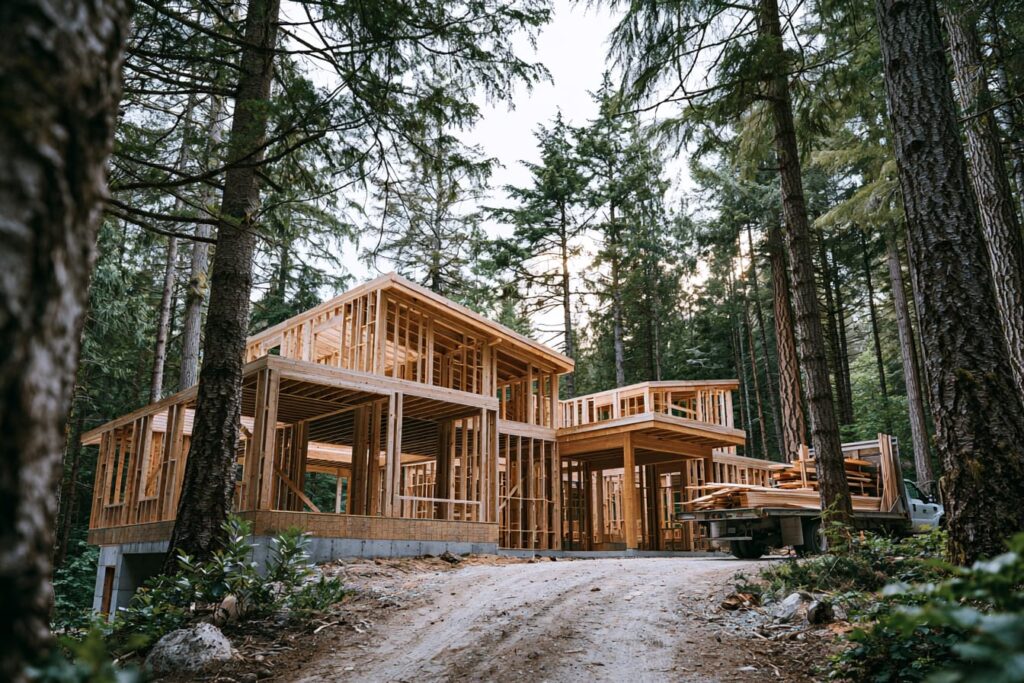 Custom home at the early framing stage on a wooded Pacific Northwest lot showing exposed wall studs before the roof is installed