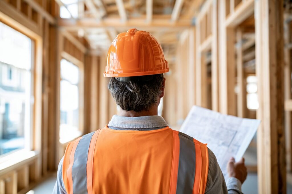 Building inspector reviewing framing against code requirements on a custom home site