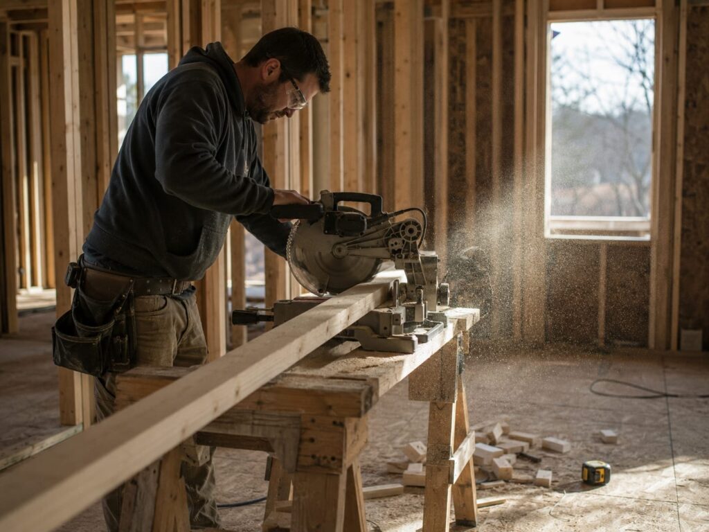 Carpenter cutting a dimensional lumber stud on a mitre saw beside a partly framed interior wall.