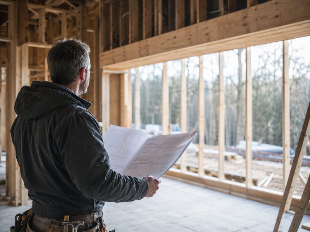Builder studying framing drawings on site beneath a wide beam opening in a great room under construction.