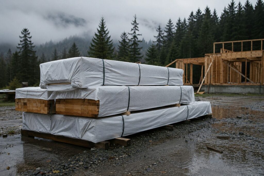 Wrapped and covered lumber bundles stacked clear of the ground on a rainy Lower Mainland building site.