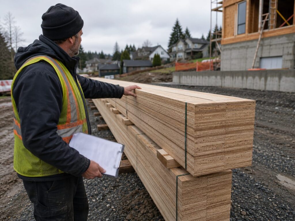 Site supervisor checking a delivery against a spec sheet on a clipboard beside a banded stack of engineered beams.
