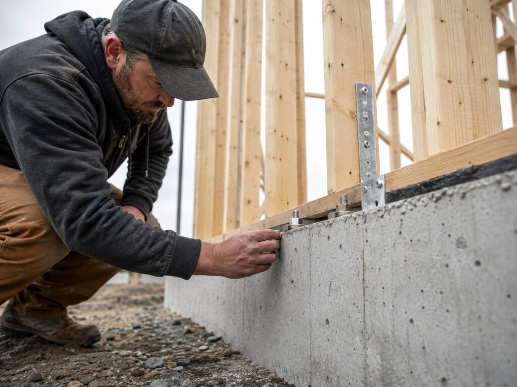 Worker checking anchor bolts and hold-down hardware where the wood frame meets the concrete foundation