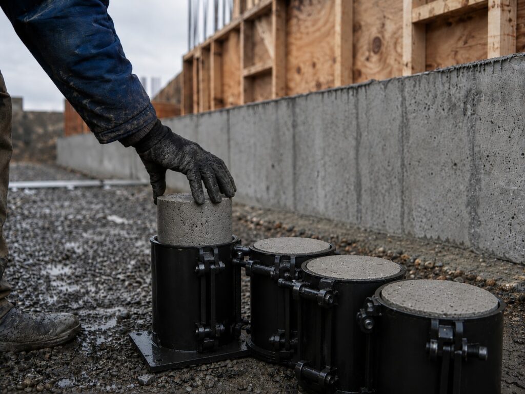 Worker setting a concrete test cylinder into a mould beside a formed foundation wall on a BC job site