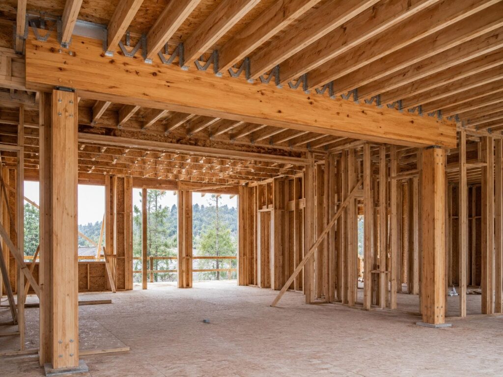 Large engineered wood beam carried on posts with joists hung from metal hangers in a framed house