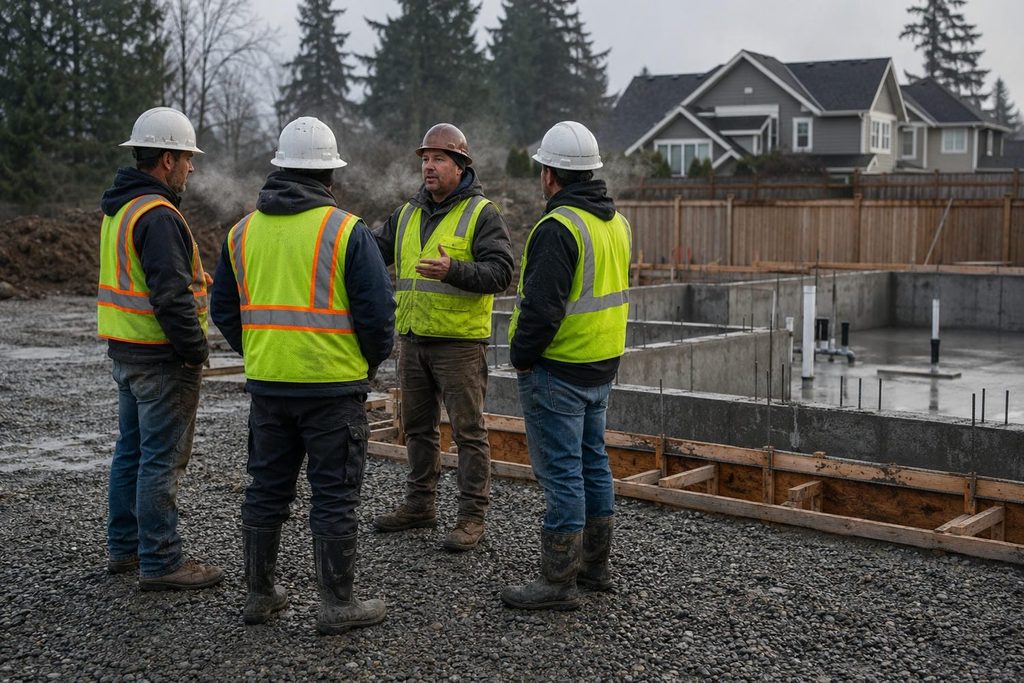 Carpentry crew holding a morning briefing beside a formed foundation before stripping the concrete forms