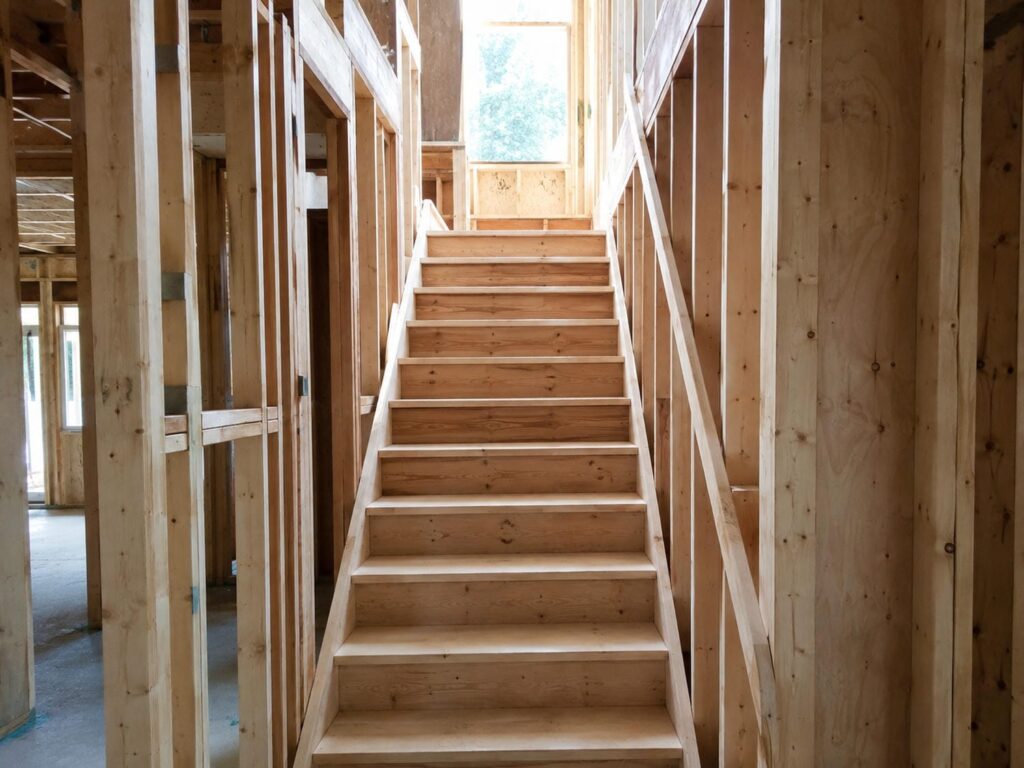 Newly framed wooden staircase inside a custom home under construction before drywall
