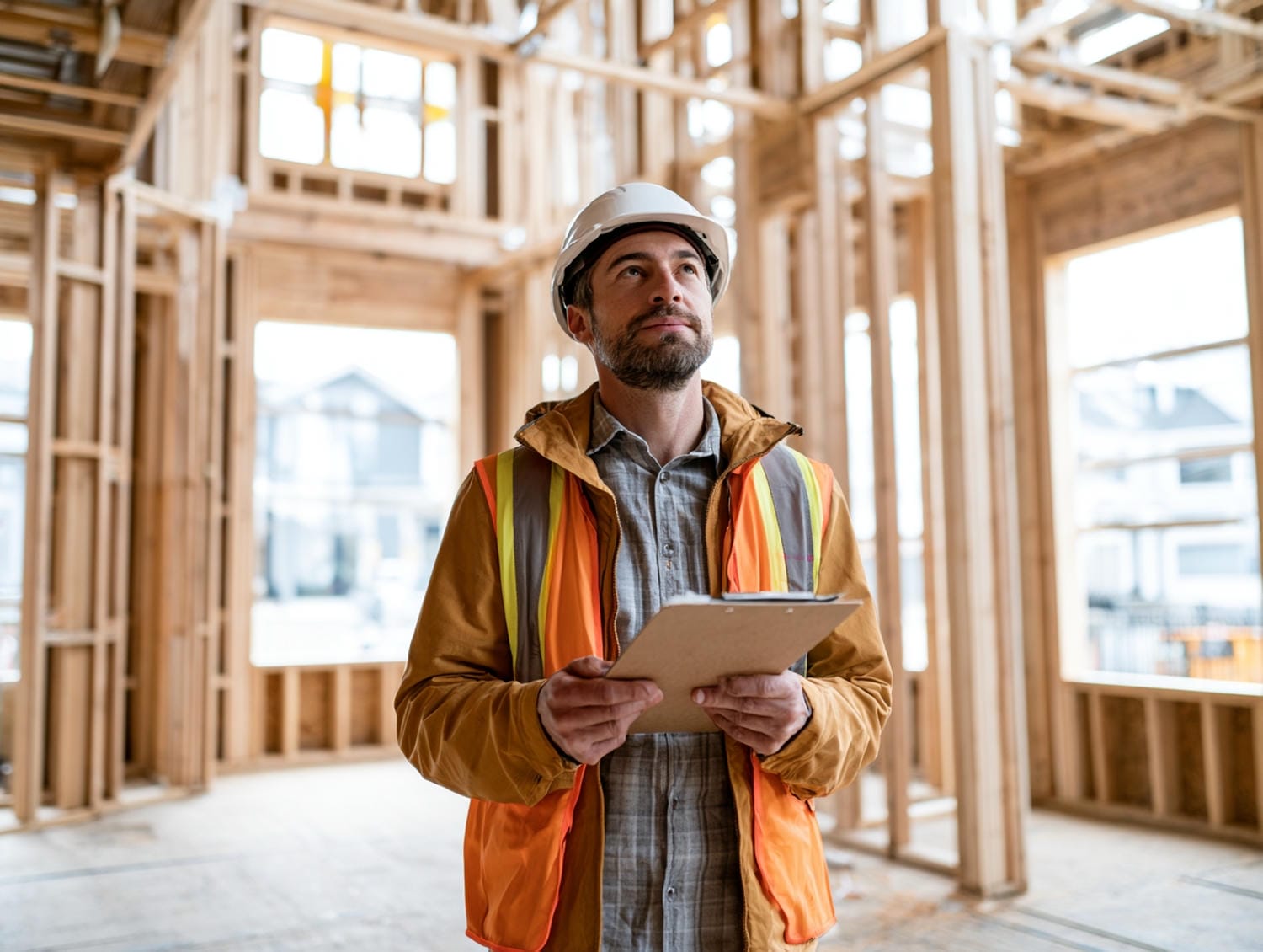 Building inspector reviewing the exposed wood frame of a custom home before close-in on a Lower Mainland build