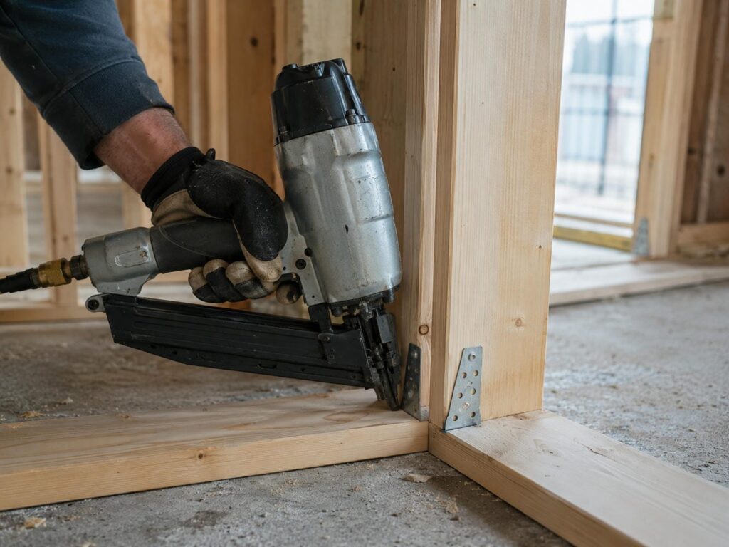 Carpenter fastening wall framing with a pneumatic nail gun on a custom build