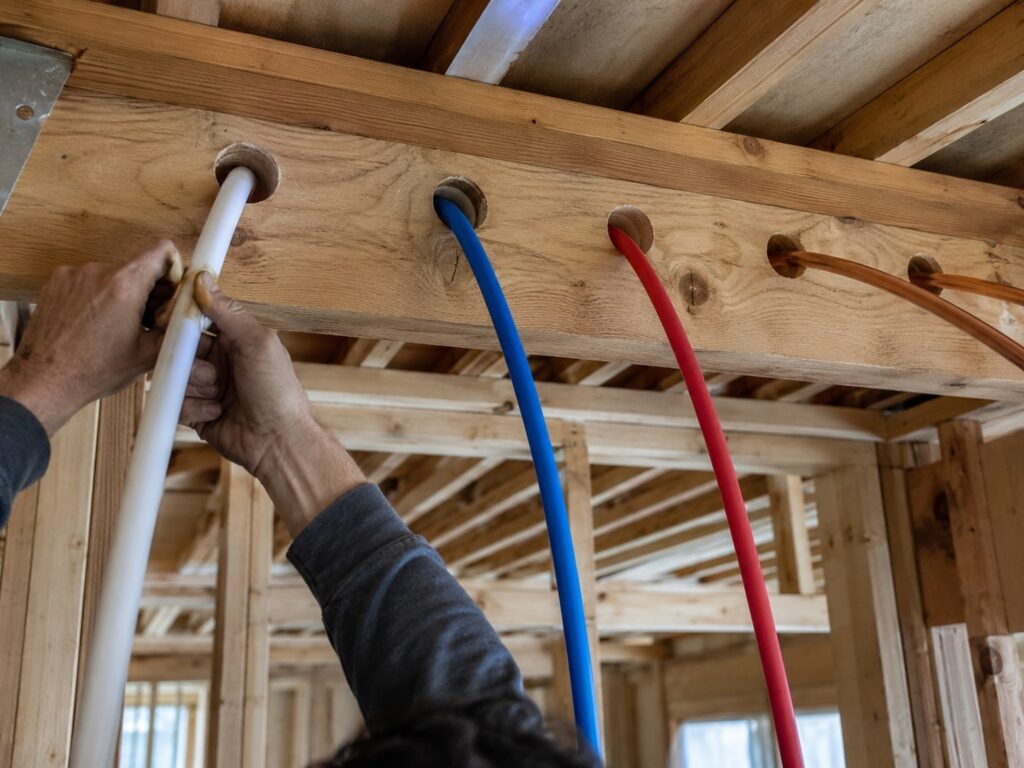 Plumbing pipes running through bored holes in wooden floor joists during rough-in