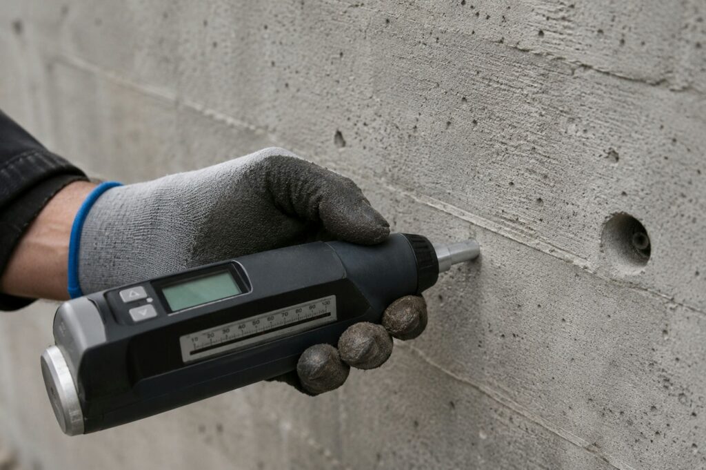 Gloved hand holding a rebound hammer against a grey concrete foundation wall to check in place strength