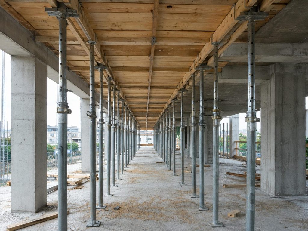 Steel shoring posts holding a plywood soffit form under a newly poured suspended concrete slab