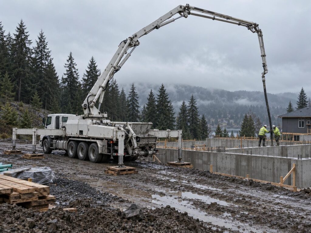 Concrete pump boom reaching over a residential foundation while two workers guide the placing hose along the top of the wall