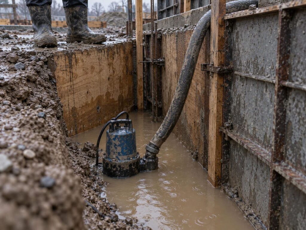 Submersible pump clearing standing water from a muddy footing trench beside plywood wall forms