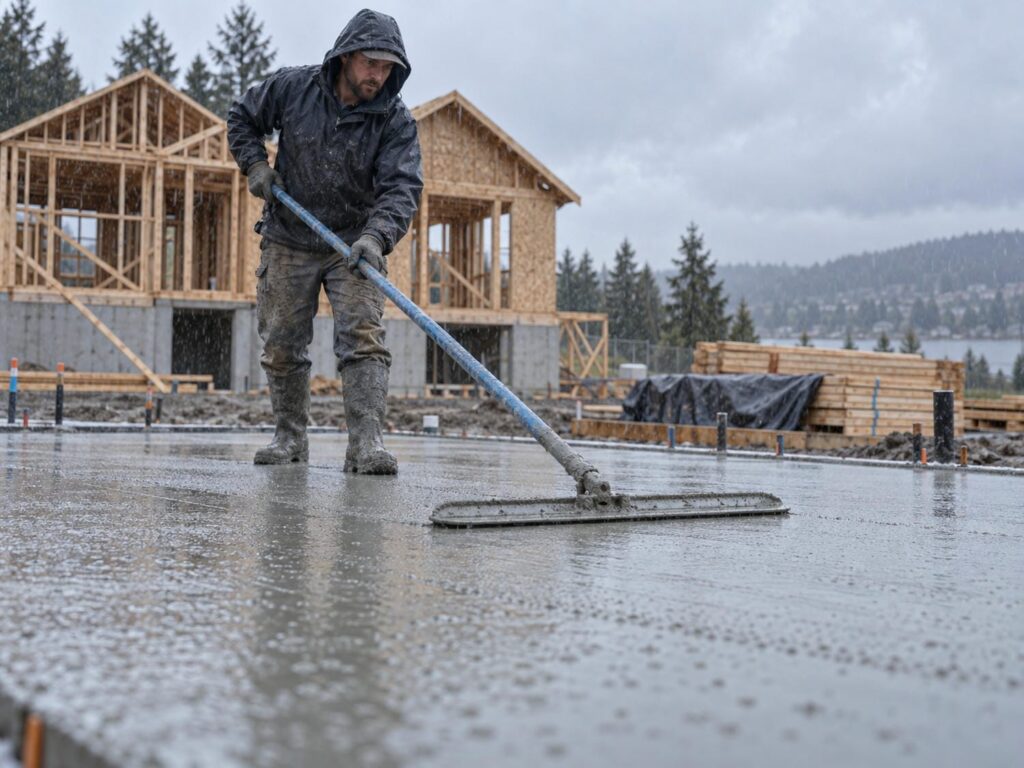 Concrete finisher drawing a bull float across a freshly placed slab during light rain at a BC residential build