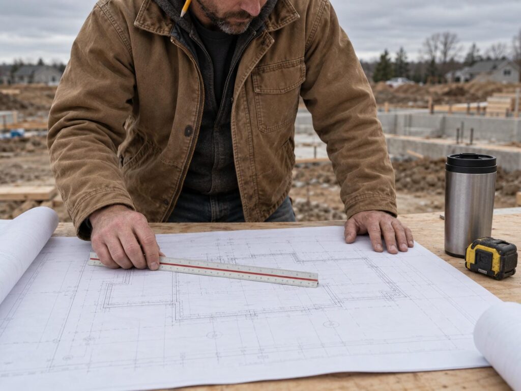 Builder running a scale ruler across a foundation plan spread out on a plywood table at a jobsite