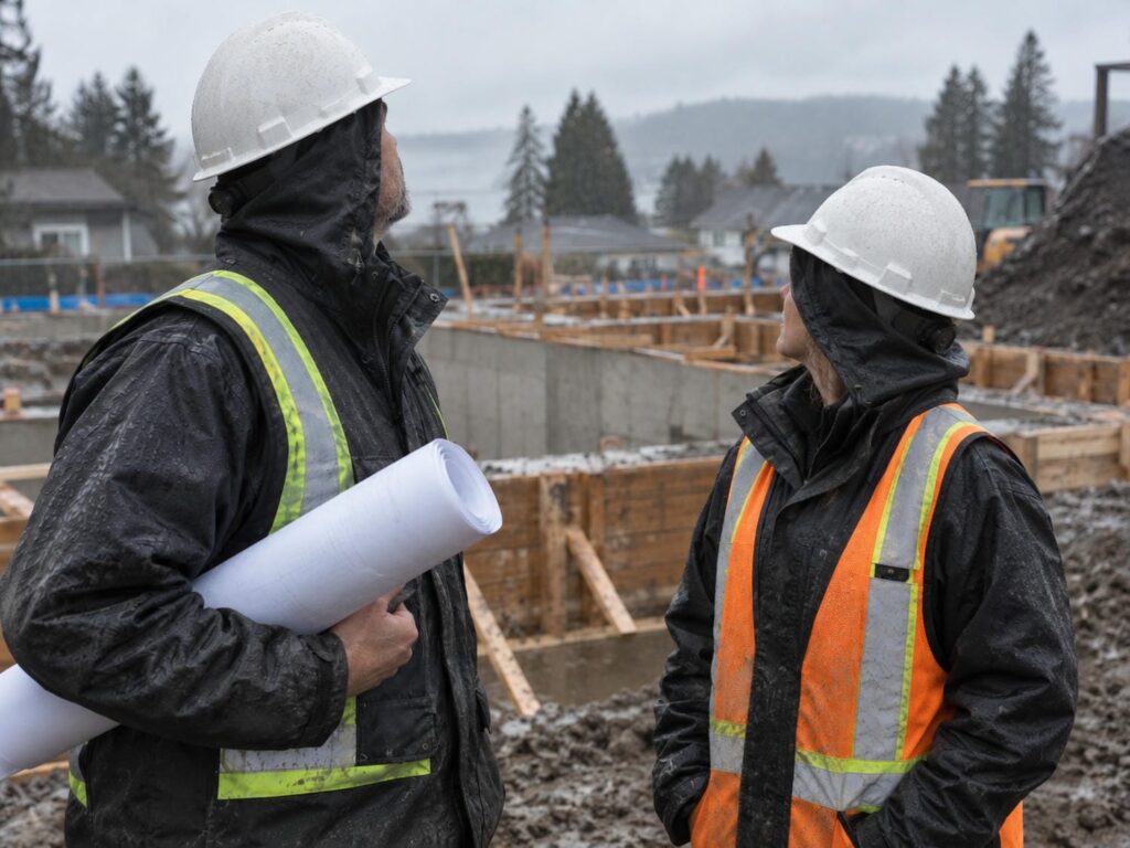 Two site supervisors in rain jackets checking the sky over a foundation excavation before deciding on a wet weather pour