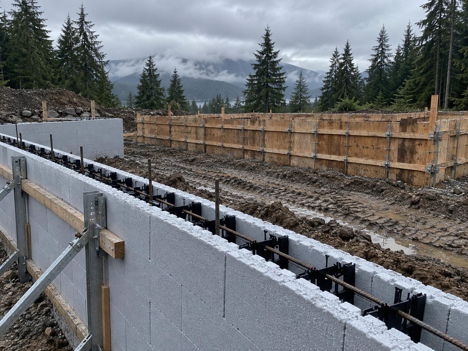 Insulating concrete form blocks and plywood formwork for a poured concrete foundation standing on the same Lower Mainland building lot