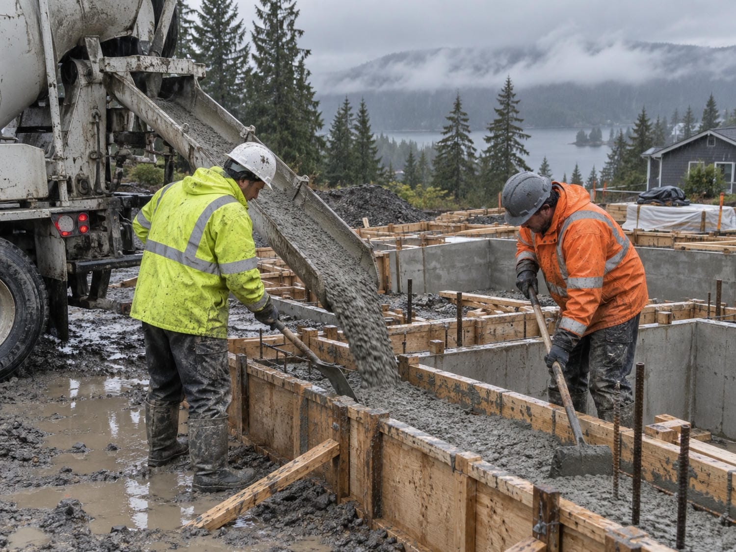 Crew pouring concrete in the rain into timber foundation forms at a residential site in BC's Lower Mainland