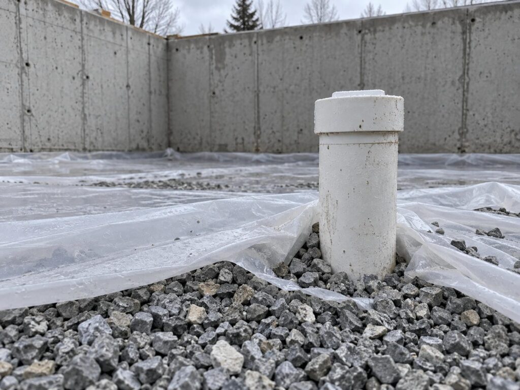 Capped radon rough-in pipe standing in the gravel base inside a foundation footprint before the slab is poured