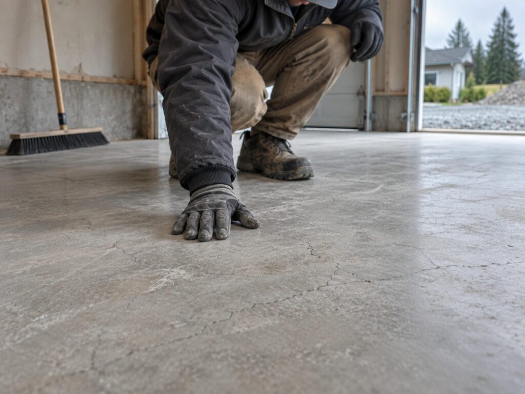 Builder crouching to check a dusty concrete garage slab with fine hairline cracks after a rain affected pour