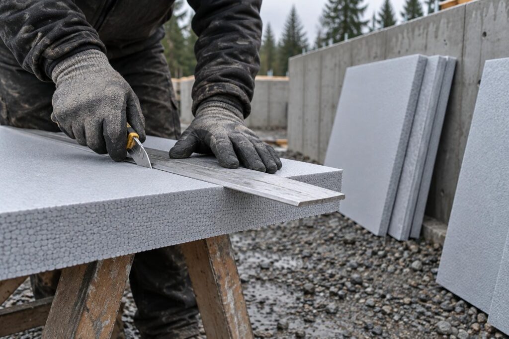 Gloved hands scoring a sheet of rigid foam insulation board beside a bare concrete foundation wall