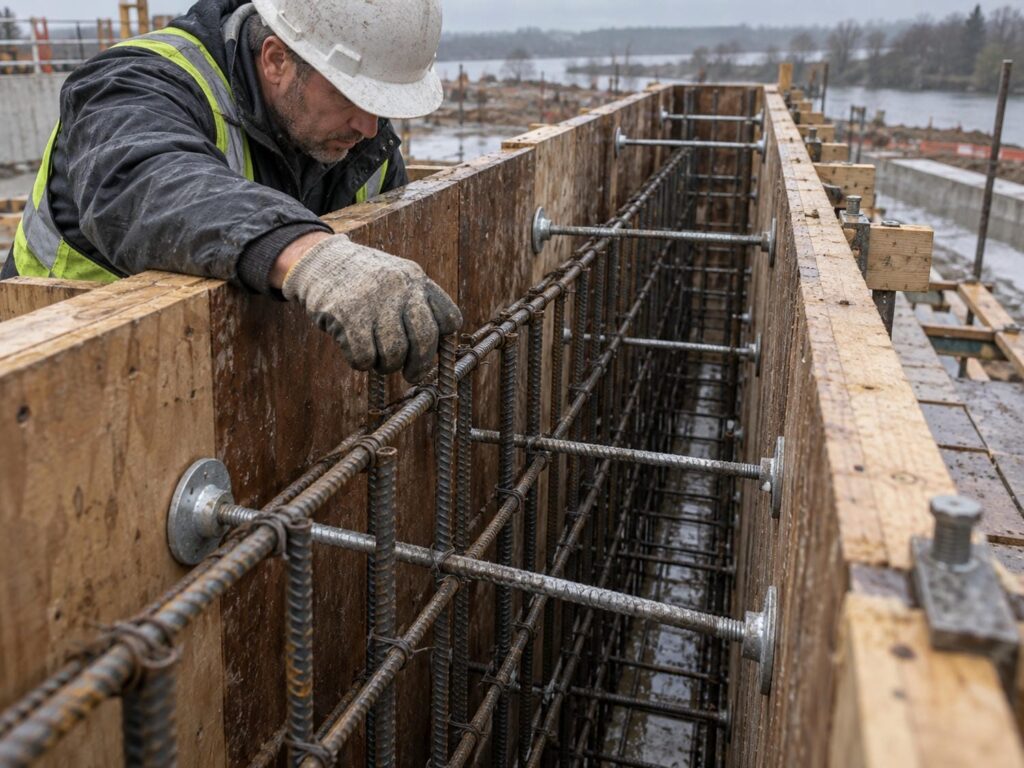 Site supervisor checking tied reinforcing steel inside an open plywood wall form before the concrete is placed