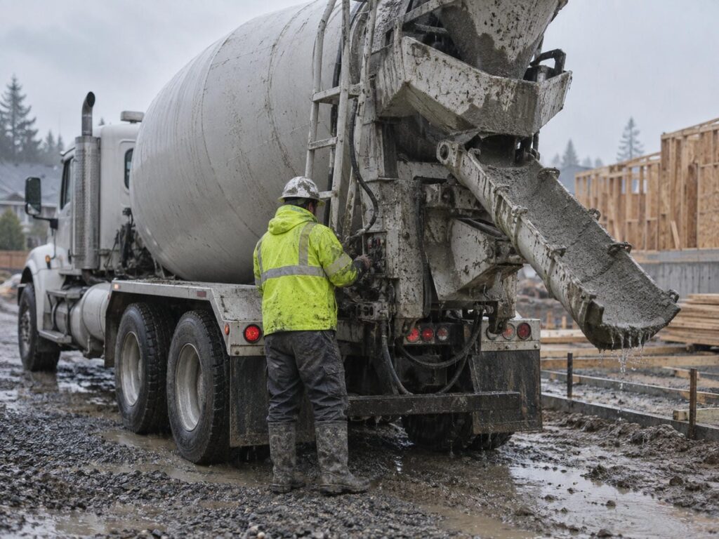 Ready mix driver at the rear chute controls of a concrete truck during a rainy pour