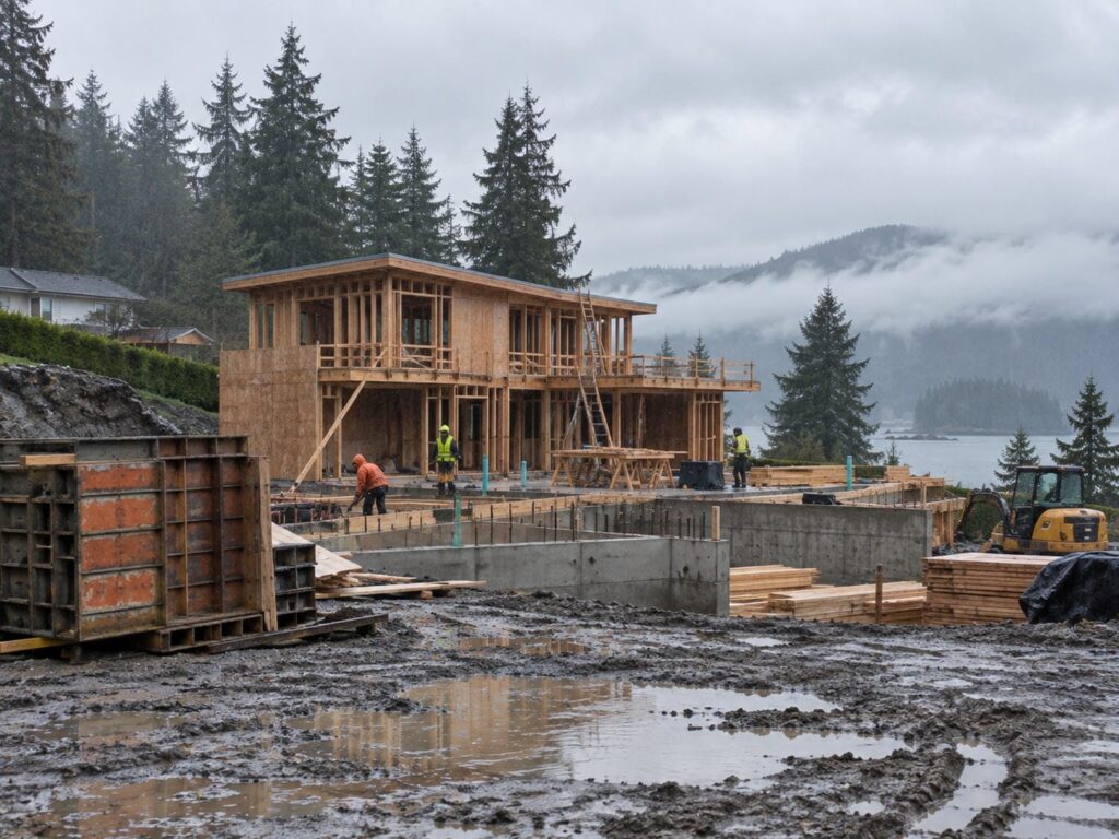 Partly framed home and stacked formwork on a Lower Mainland construction site working through steady wet season rain