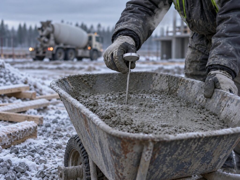 Gloved hands holding a thermometer in fresh concrete in a wheelbarrow on a frosty winter morning at a BC building site