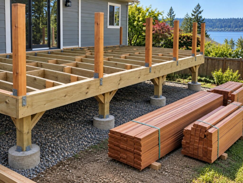 Open deck frame with no decking laid, solid blocking fitted between the joists and guard posts standing upright where they meet the rim