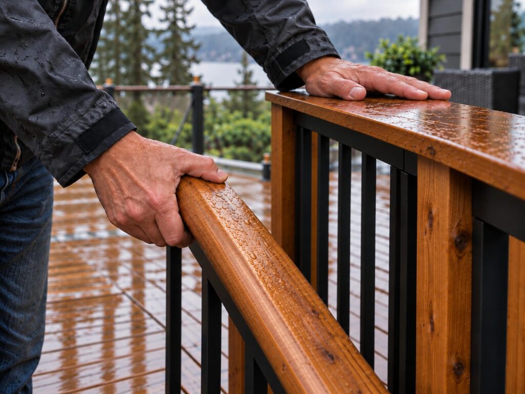 One hand curled right around a slim rounded deck stair handrail while a second hand rests flat on the wide top cap of the deck guard beyond it