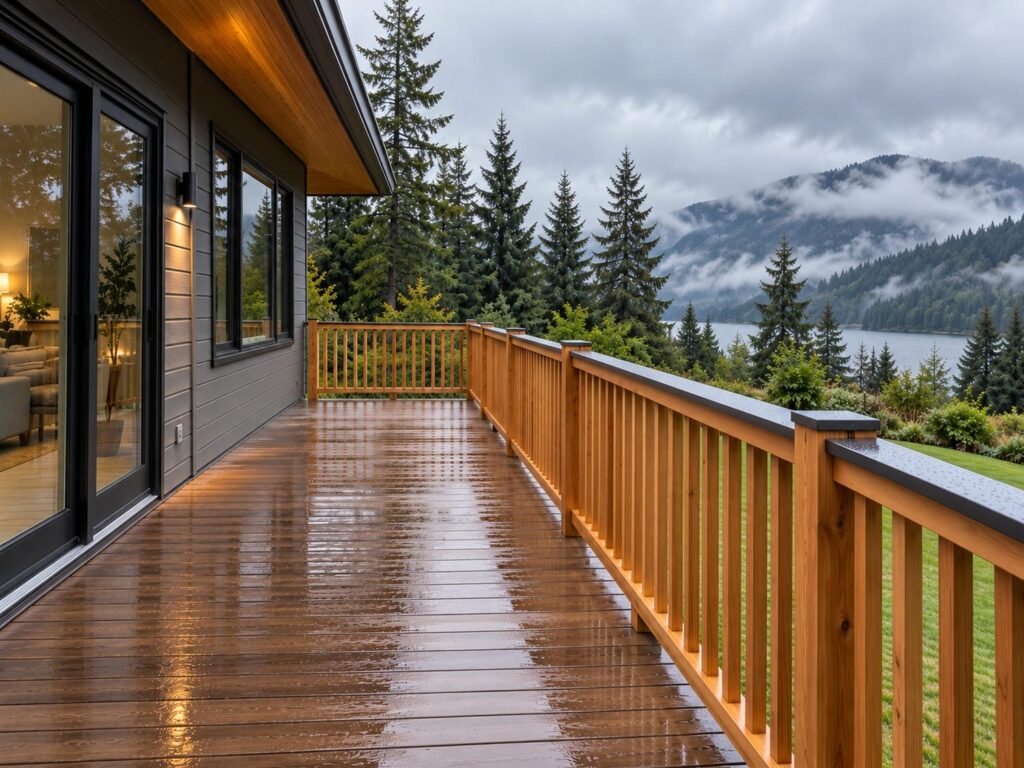Finished cedar deck guard with evenly spaced vertical pickets running along the open edge of a back deck on a West Coast house in British Columbia