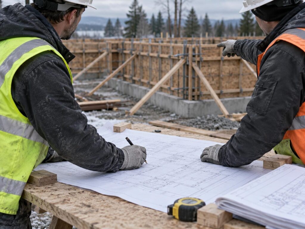 Site supervisor and engineer reviewing a formwork drawing on a plywood table beside the braced wall forms they are about to pour