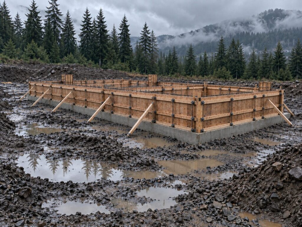 Braced two sided plywood wall forms standing on a foundation footing at a wet Lower Mainland building site before the concrete pour