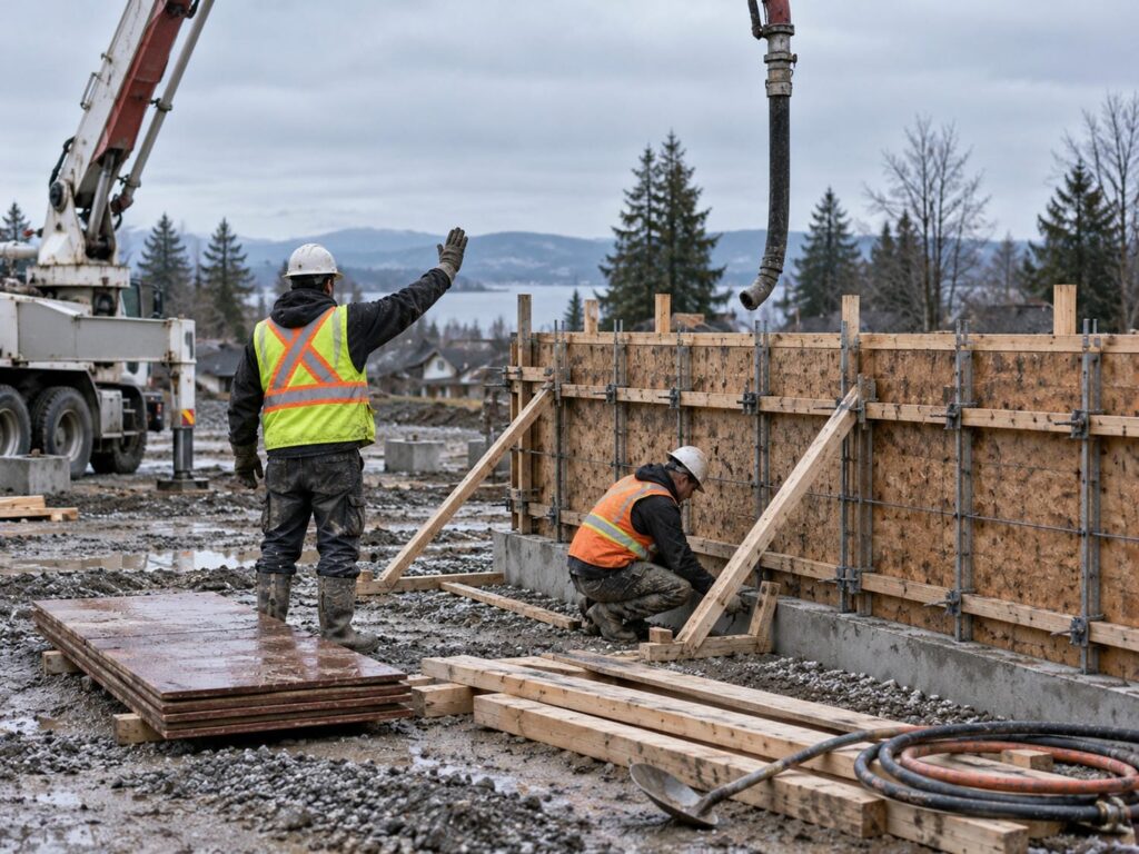 Worker signalling the pump to stop while a second worker sets a strongback and wedge against the base of a wall form, recovery gear staged nearby
