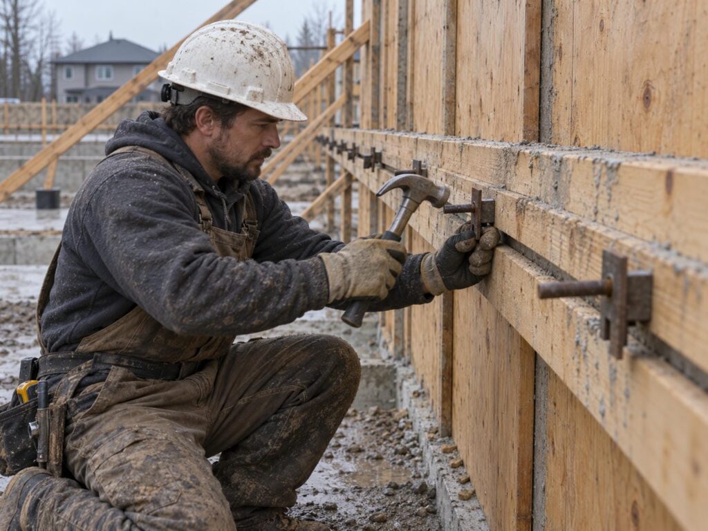 Carpenter tapping a wedge onto a form tie below the timber walers on the outside face of a plywood wall form