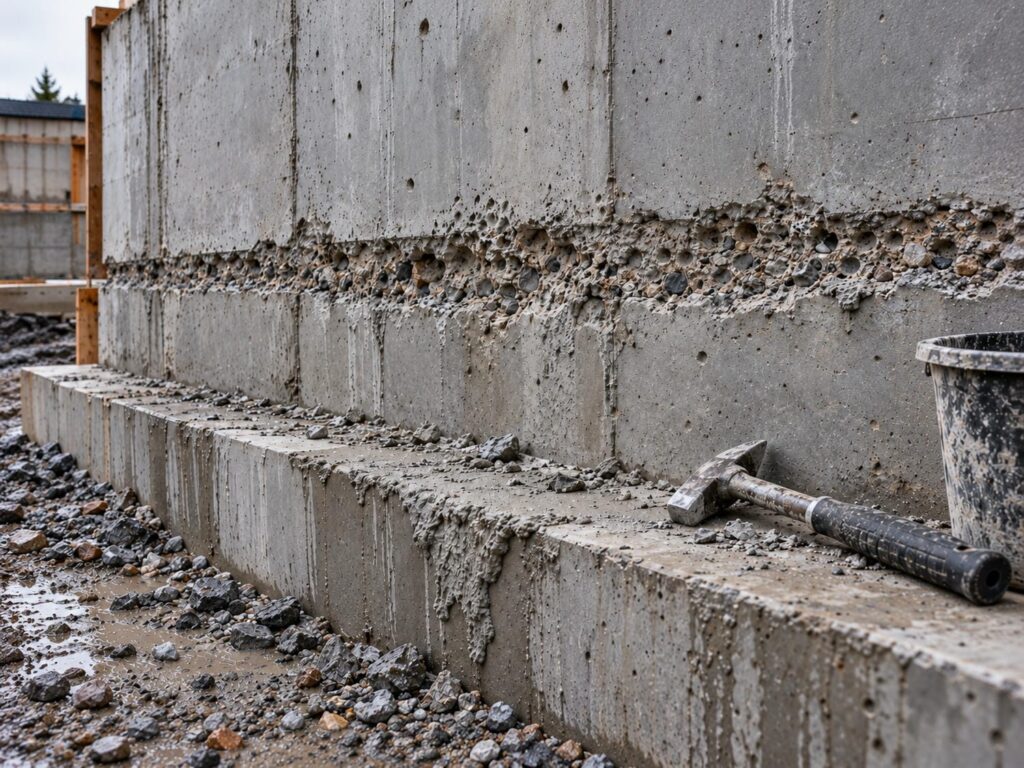 Cold joint and honeycombed patch on a stripped concrete foundation wall with hardened concrete to chip off the footing below