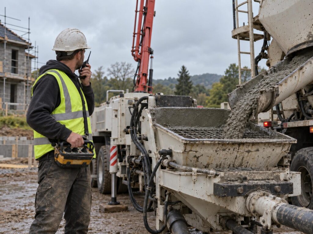 Concrete pump operator standing at the hopper with a radio in hand while a ready mix truck discharges on a residential foundation pour