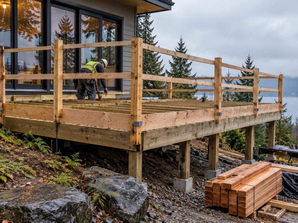 Rough timber temporary guardrail with a top rail and midrail screwed around the open edge of a raised deck frame while a worker in a hard hat works inside it