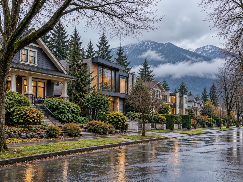 Wet residential street in Vancouver with character houses and newer infill homes under grey cloud, the North Shore mountains behind the rooftops