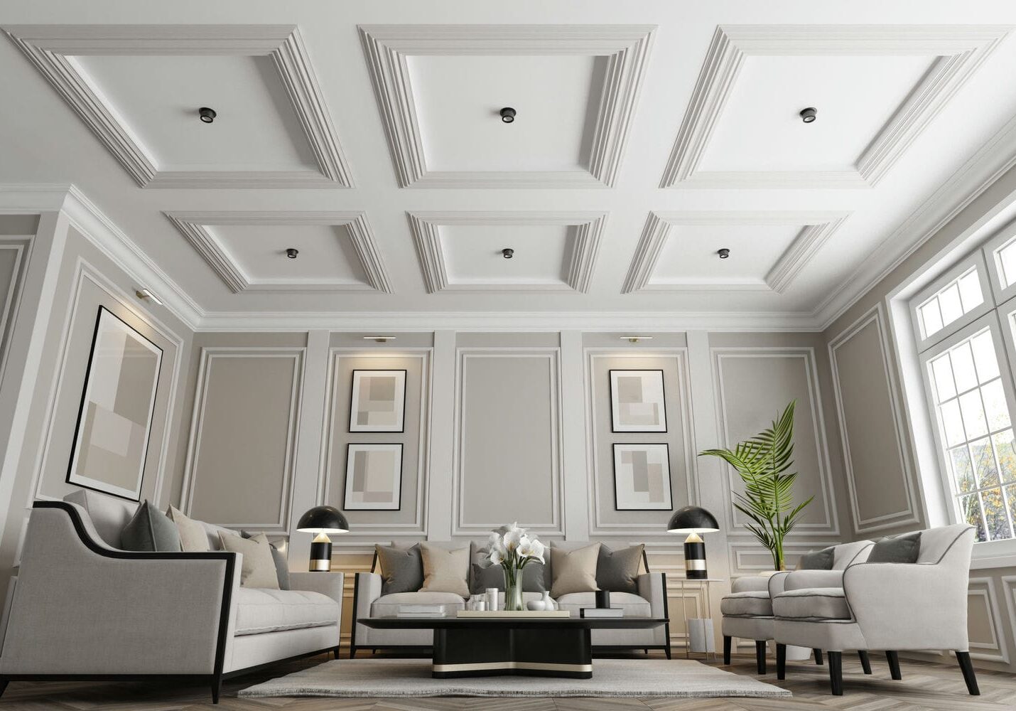 detailed coffered ceiling installed with interior finishing carpentry