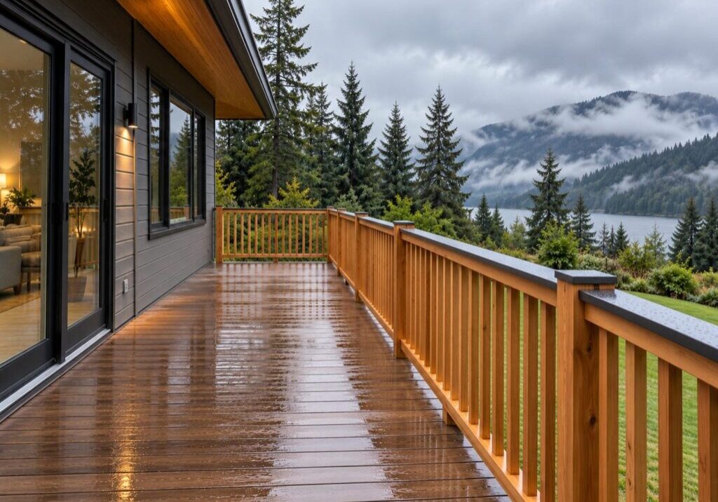 Finished cedar deck guard with evenly spaced vertical pickets running along the open edge of a back deck on a West Coast house in British Columbia