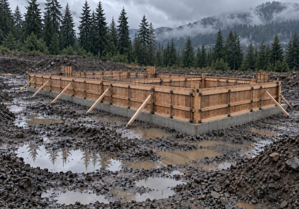 Braced two sided plywood wall forms standing on a foundation footing at a wet Lower Mainland building site before the concrete pour